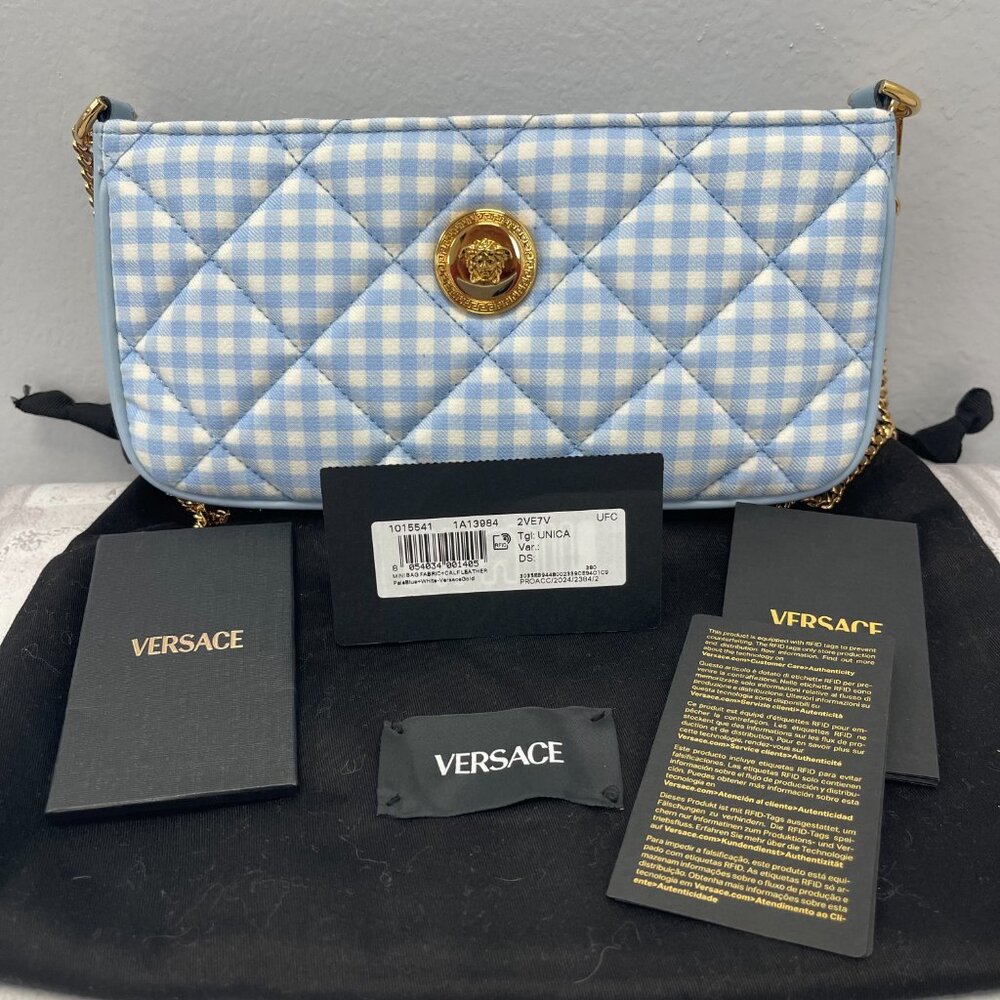 Versace Gold Medusa Quilted Shoulder Bag w/ Blue & White Check - NWT - Picture 11 of 11